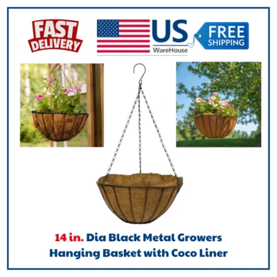 14 in. Dia Black Metal Growers Hanging Basket with Coco Liner - Image 1 of 4