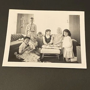VTG Black & White Photo Little Girls Boy at Birthday Party Opening Presents - Picture 1 of 2