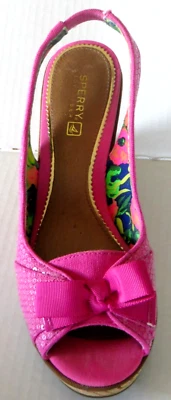 Sperry верхний сидр на танкетке высокий каблук туфли женщин 6,5 М ярко-розовый с блестками и бантом - Изображение 1 из 4