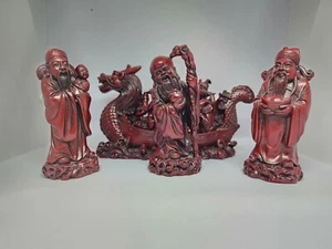 Vintage Chinese Red Resin Dragon Boat With 3 Gods Statues Good Luck Figurines - Picture 1 of 8
