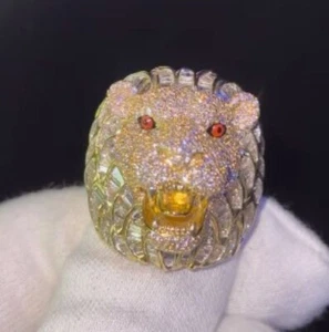 Baguette Moissanite Men's Red Enamel Lion Head Ring Yellow Gold Plated Silver - Picture 1 of 5