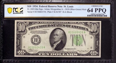 1934 $10 FEDERAL RESERVE NOTE ST. LOUIS FR.2005-H MULE PCGS B CU 64 PPQ - Image 1 of 2
