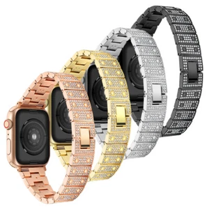 For iWatch Series 9 8 7 6 5 4 3 2 1 SE Diamond Studded Tainless Steel Watch Band - Picture 1 of 29