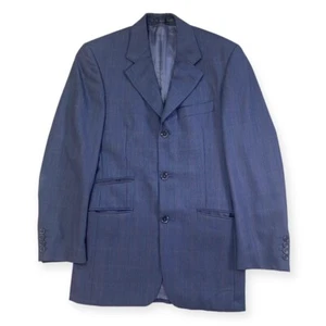 Mens Check Tartan Suit Jacket 34R Super 100s Blue Italian Wool Blazer - Picture 1 of 19
