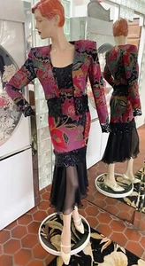Janine ITALY VTG 80s 2pc set Dress/Bolero Jacket Multicolor Mosaic Petite NICE - Picture 1 of 11