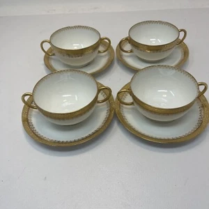 Vintage J Pouyat Gold Encrusted Bouillon Cup & Saucer - Set of 4 - Picture 1 of 5