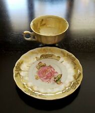 Royal Halsey LM Single PInk Rose on Yellow Luster w Gold 3 Toe Teacup & Saucer