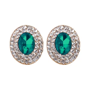 Non-Pierced Oval Gold Plated Green Crystal Stud Style Clip On Earrings - Picture 1 of 5