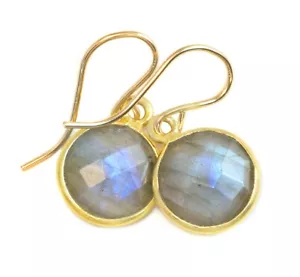 Labradorite Earrings Blue Simple Round Faceted Bezel Drops 14k Gold Sterling - Picture 1 of 10