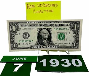 One Dollar Bill Birthday June 7 1930. . Near Uncirculated. Fancy Serial Number - Picture 1 of 9