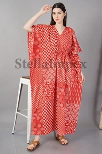 Trendy Handblock Print Cotton Kaftan, Elegant Red Long Caftan Resort Dress - Picture 1 of 6