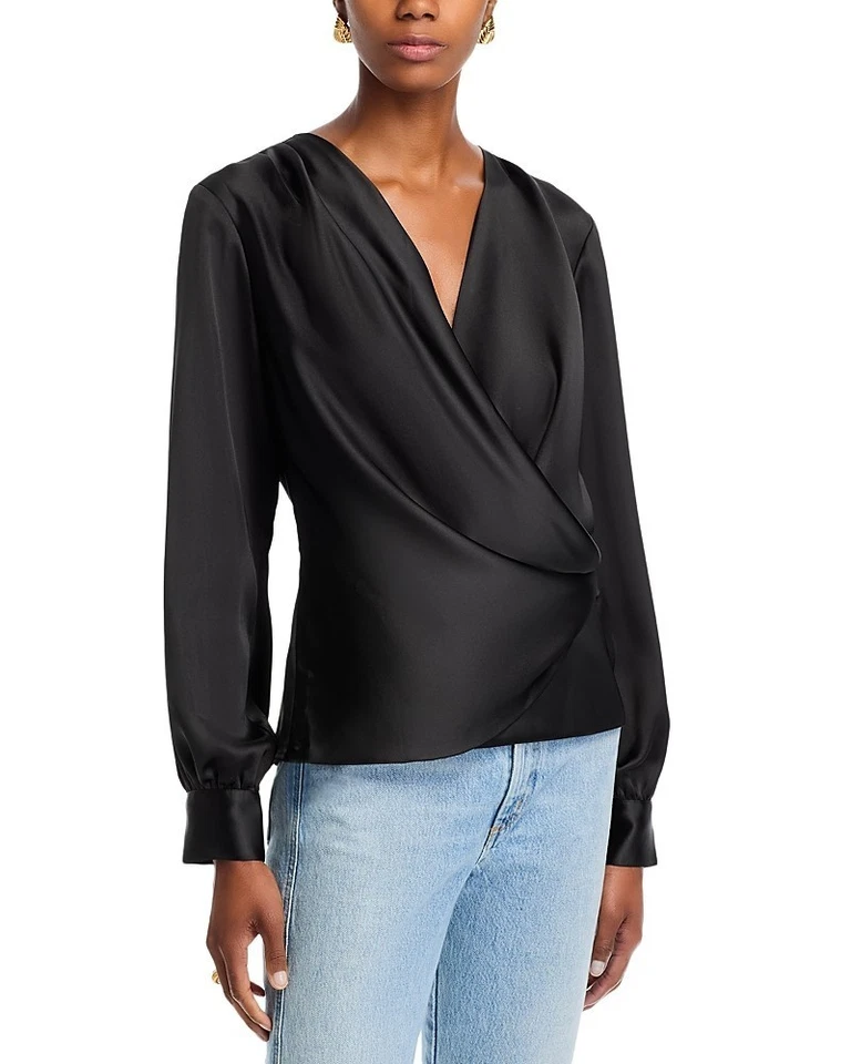 AQUA Long Sleeve Faux Wrap Top - Black - XXL - Image 1 of 1