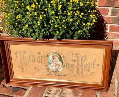 Antique Paper Punch Sampler w Image Jesus Lamb of God THOU ART MY HOPE  Psalm 71 - Image 1 of 4