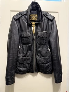 Superdry Brad Leather Jacket Mens Medium black Motorcycle Biker Genuine Leather - Picture 1 of 2