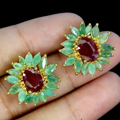 Pendientes de plata de ley 925 rubí ovalado 8x6 mm esmeralda piedras preciosas naturales joyería Foto 1 de 4