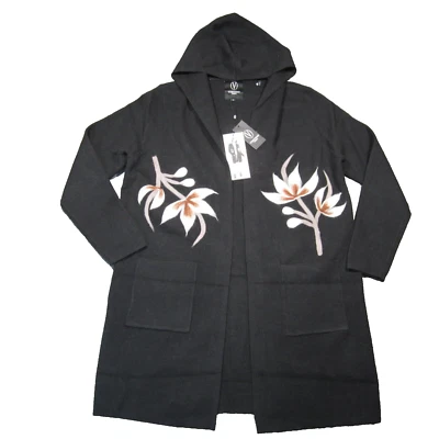 Vertigo Cardigan Womens S Black Floral Felted Open Hooded Boho Dark Cottage NEW - Image 1 of 4
