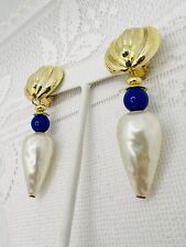Vintage Estate Gold Tone Faux Pearl  Blue Bead Dangle Clip Earrings 1980s