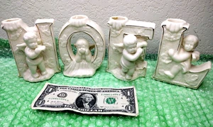 Set of 4 Porcelain Angel NOEL Candle Holders Lenox Style Christmas Decor White - Picture 1 of 9