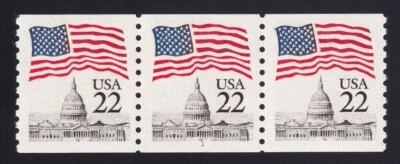 2115a Flag over Capital Dome – 22c PNC strip of 3 Plate # 1 Unused NH F-VF - Image 1 of 2