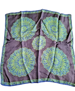 Vintage Silky Square Neck Head Hair Scarf Navy Blue Green 19x19 60's 70's - Picture 1 of 3