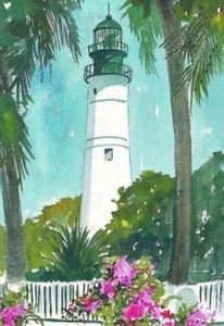 Key West Lighthouse & Flowers, Florida Keys. Jean Andrew Watercolor Art Prints - Picture 1 of 1