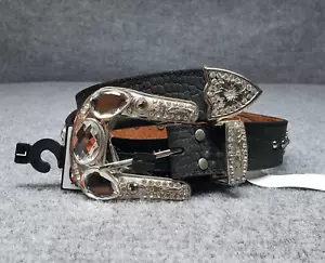 Nocona Western Belt Womens L Black Adjustable Rhinestone Genuine Leather Studded - Picture 1 of 8