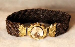 Vermeil Victorian Mourning Woven Hair Bracelet Set with Faceted Crystal c. 1870 - Picture 1 of 6