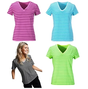 Womans 100% Cotton Stretch T-Shirt Casual Short Sleeve V-neck Summer Stripe Top - Picture 1 of 20