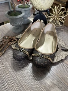 Pre-Owned Guess Signature Chain Buckle Logo Ballet Flats In Brown Size 8 - Picture 1 of 8