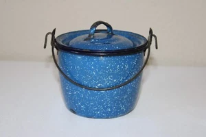 Antique Graniteware Blue Speckled Pot Pail Bail Handle Lid Vintage Enamel - Picture 1 of 12