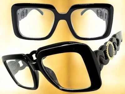 Exaggerated Vintage Retro Clear Lens EYE GLASSES Large Square Thick Black Frame - Image 1 of 4