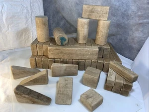 Wood Blocks 50 PCS Vtg Children's Building Natural Wooden Round Square Shapes - Picture 1 of 18
