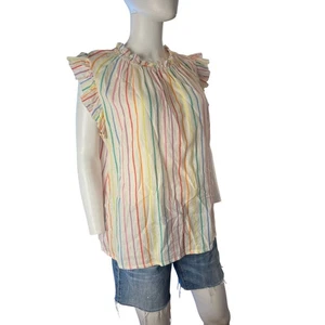 THML Anthropologie White Rainbow Flutter Sleeve Ruffle Neck Cotton Top XL - Picture 1 of 6