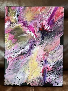 One of a Kind Handmade Colored Acrylic Pour Cell Painting 12x16 Stretched Canvas - Picture 1 of 5