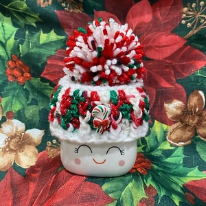Christmas Marshmallow Mug Hat, Crochet Candy Cane Marshmallow Mug Hat - Picture 1 of 1