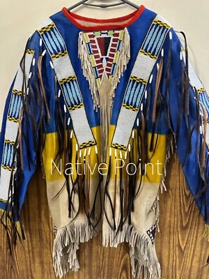 Native American Western Wear Suede Leather Jacket Fringes & Beads Work War Shirt - Image 1 of 4
