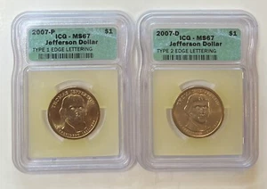 2007 P & D Jefferson Dollar Set Type 1 & 2 Edge Lettering Varieties ICG MS 67 - Picture 1 of 2