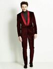 Mens Classic Burgundy Velvet Wedding Blazer Suit Party Wear Elegant Coats Pants