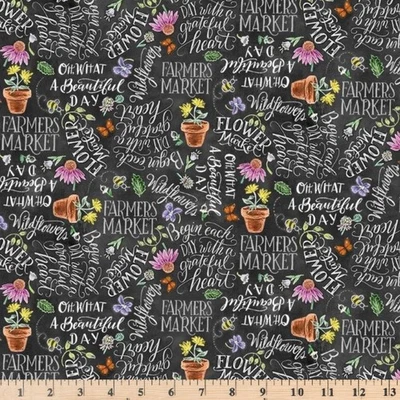 Tecido 100% algodão preto mercado de flores lindo dia texto por meia jarda - Imagem 1 de 3