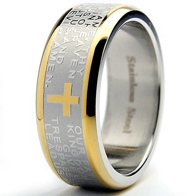 Anillo de Oración del Señor para Hombre Cruz Cristiana Acero Inoxidable 8MM Tono Dorado Talla 7-12 Foto 1 de 4