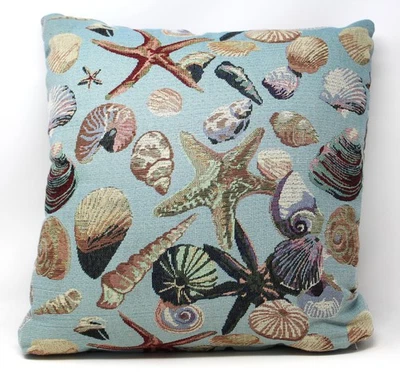 Tapestry Throw Pillow Seashells Starfish Coastal Beachy 16” Square Teal Blue Zip - Image 1 of 4