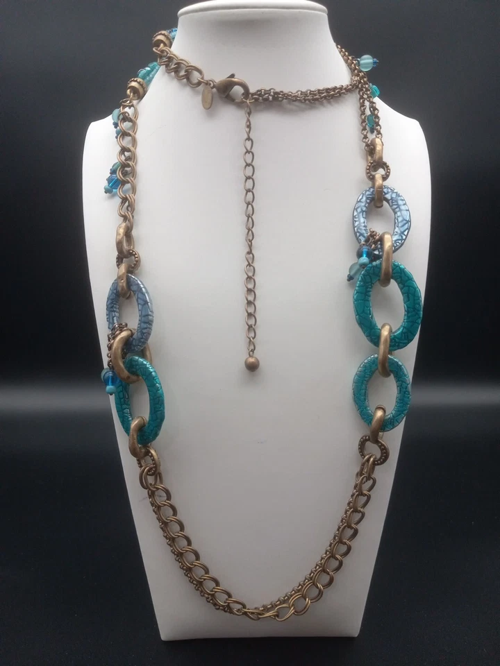 Collar Chico's 36" Tono Latón Cuentas Verde/Azul Estampado Lagarto Diseño Cadena Abierta  Foto 1 de 4