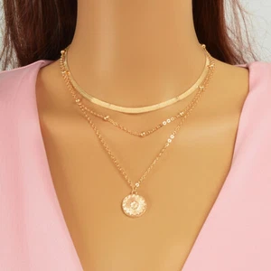 Stunning Layered Statement Necklace Disc Collar Flat Snake Bone Chain Jewellery - Picture 1 of 16