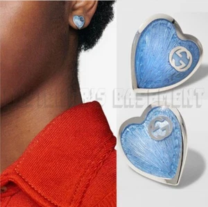 GUCCI Sterling Silver INTERLOCKING G Blue Enamel HEART post earrings NIB Authent - Picture 1 of 8