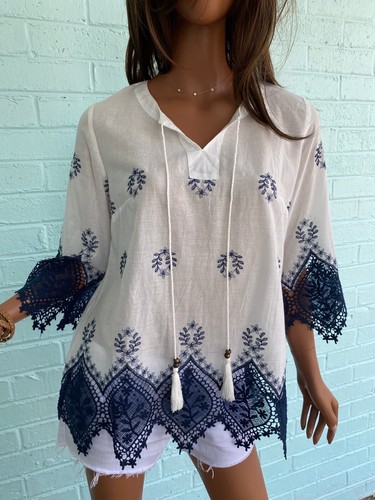 ALEXANDER MCQUEEN Nuovo! AQUA McQueen blu nappe pizzo boho tunica top blusa donna boutique S M L