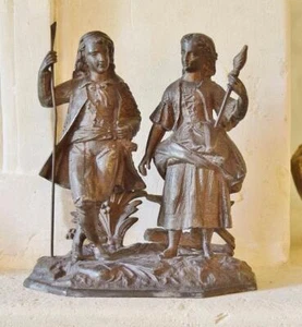 Charming Antique French Statue On Plinth, Young Couple In 18th C Country Costume - Picture 1 of 12
