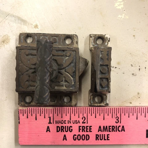 Antique Twist Cabinet Latch with Keeper Eastlake Ornate Cast Iron Cover