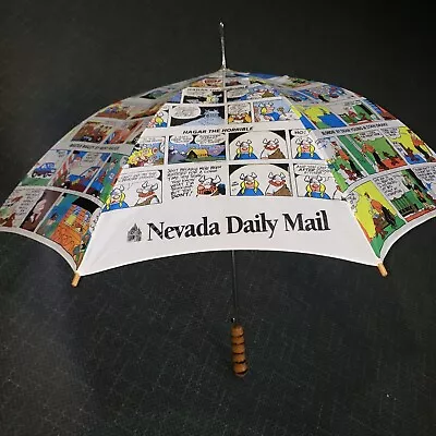 Vtg Rare Wooden Handle Nevada Daily Mail  Comic Strip Color Newspaper Umbrella - Image 1 of 4