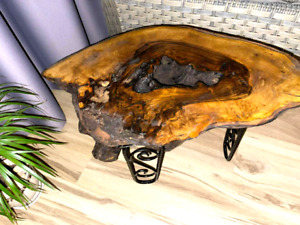 Retro Handmade Coffee Table Solid Wood Log Resin Inlay Solid Black Steel Legs
