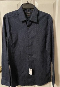 Men's Apt. 9 Slim-Fit Premier Flex Dress Shirt Navy White Dots 15 1/2 34/35 NWT - Picture 1 of 4